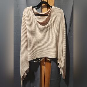 Elegant Cream Women's Knit Ponco Shawl with Fringe